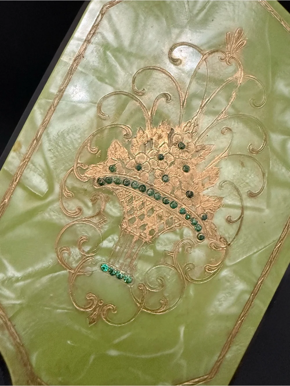 Vintage Art Deco Pearlized Lime Green Celluloid or Lucite Hand Held Mirror